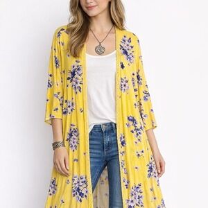 Jessica Simpson Linnea Yellow Floral Kimono Duster Crochet Trim Longline Large